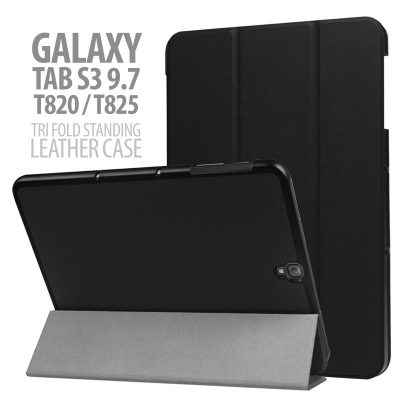 ^ Samsung Galaxy Tab S3 9.7 Inch T820 T825 - SOLID BLACK Tri Fold Standing Leather Case