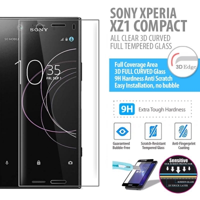 ^ Sony Xperia XZ1 Compact - ALL CLEAR 3D Curved Full Tempered Glass