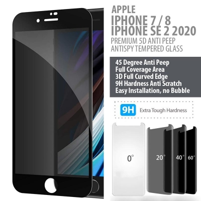 iPhone SE 2 2020 - iPhone 7 - iPhone 8 - PREMIUM 5D Privacy Anti Peep Antispy Tempered Glass